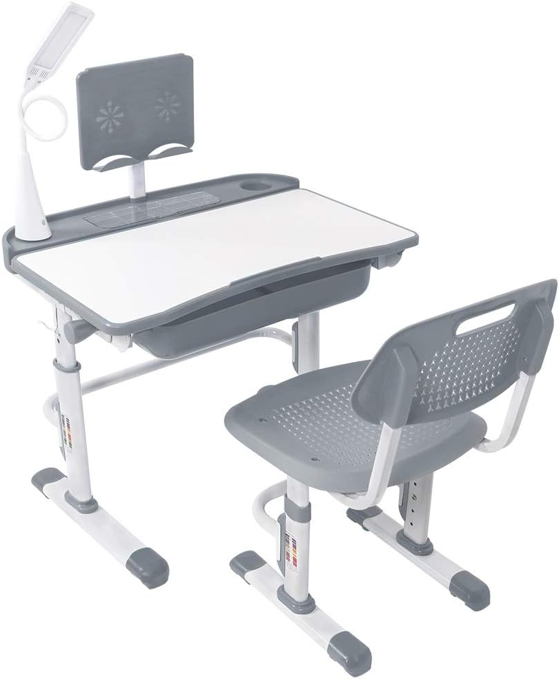 Set scrivania e sedia per bambini Yinleader, con sedia, Grigio, regolabile, supporto per libri, per scrivere