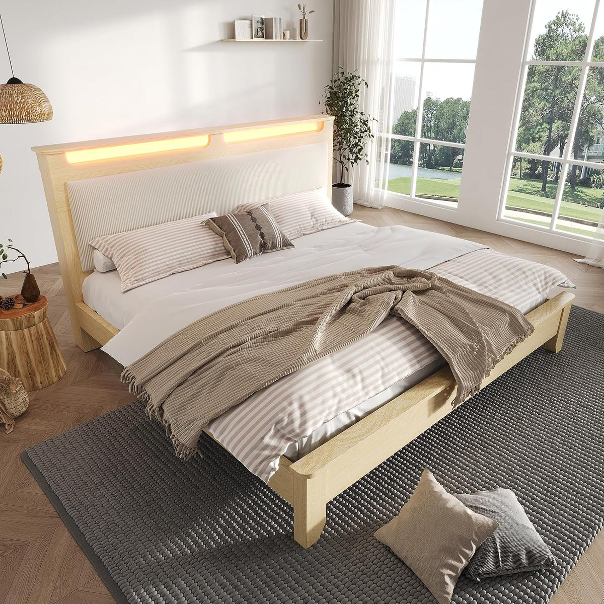 Letto REXO, matrimoniale, 160 × 200 cm, legno, velluto, Rovere, con rete a doghe, con illuminazione LED, imbottito, per camera da letto