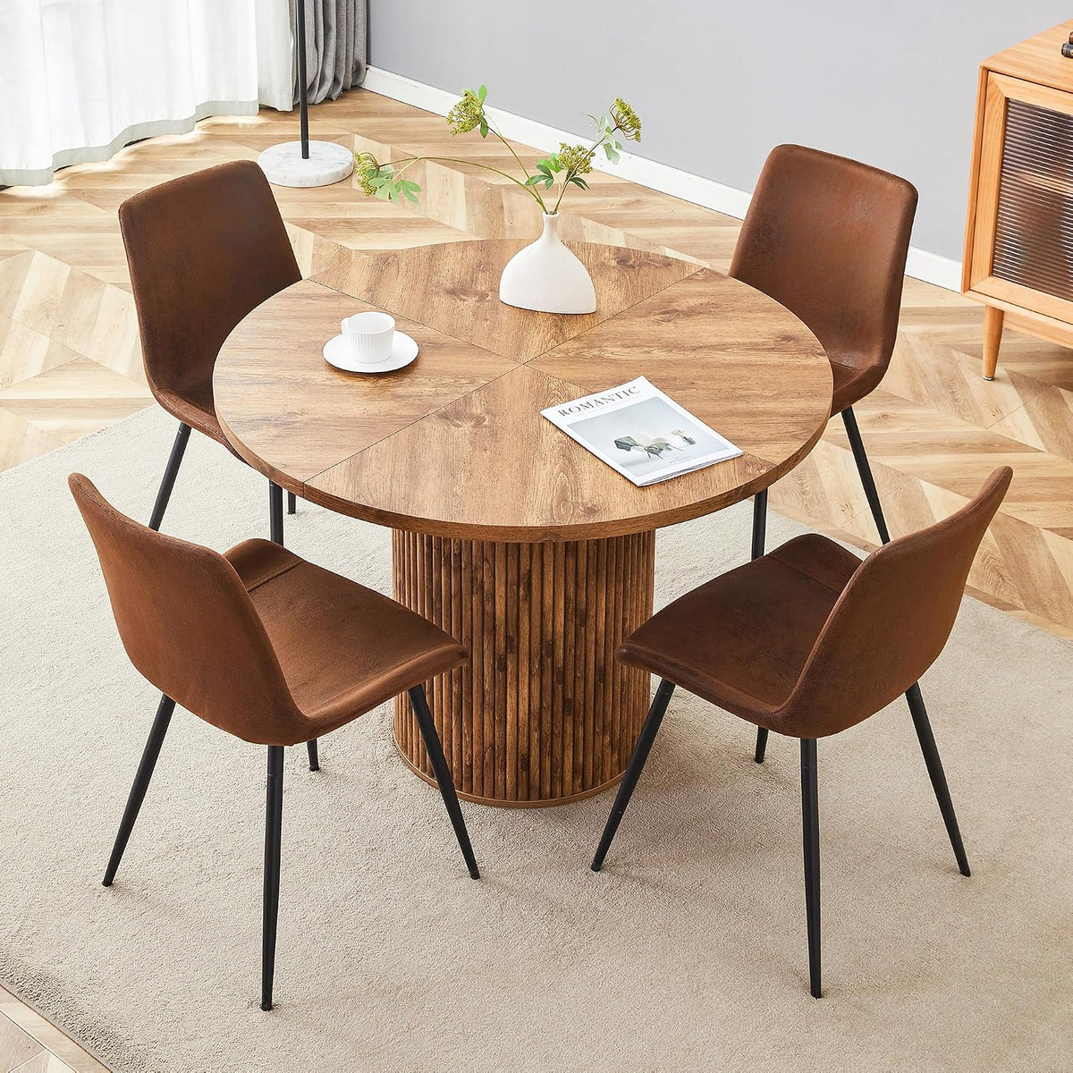 Set da pranzo Bladez, 5 pezzi, 4 sedie, legno, tessuto, Marrone, per sala da pranzo e cucina