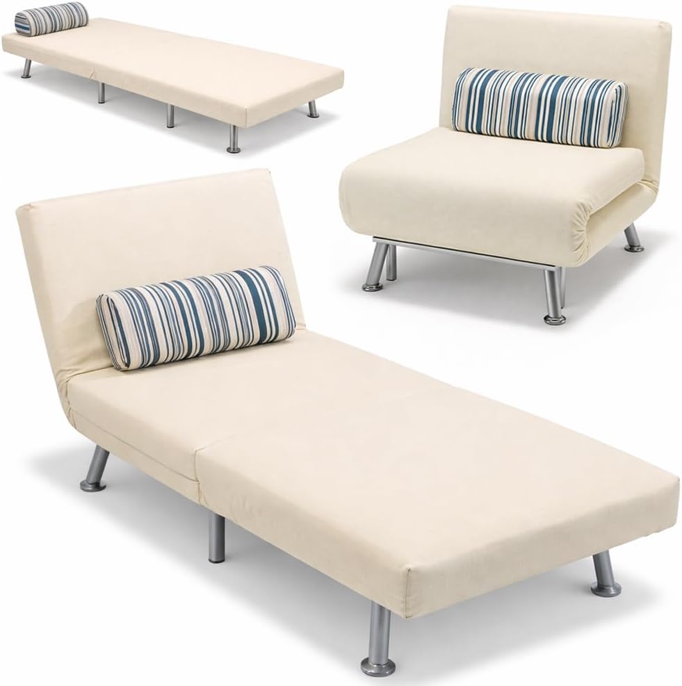 Divano letto BAKAJI, singolo, 75 × 73 × 73cm, metallo, tessuto, Crema, con funzione letto, reclinabile, imbottito, per soggiorno