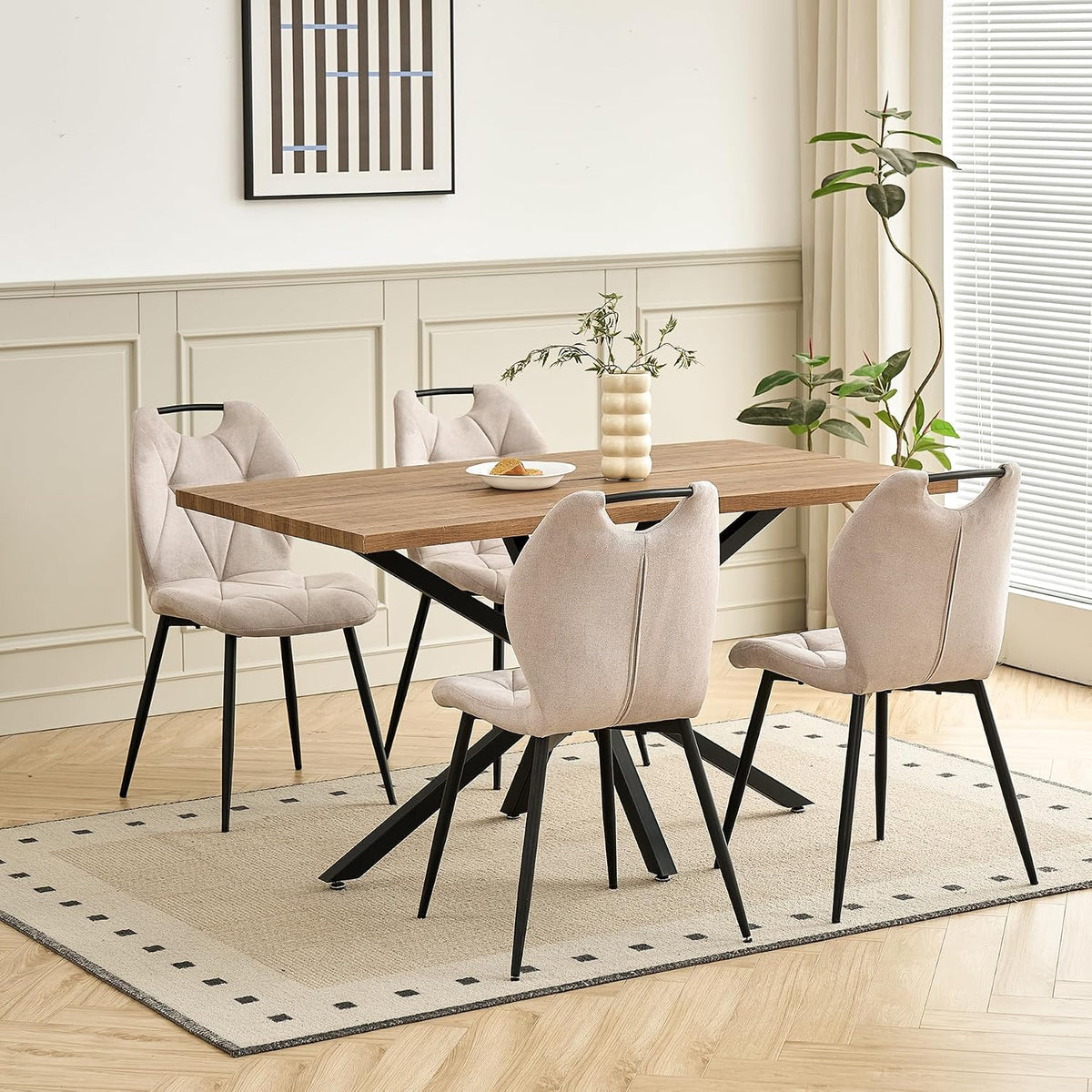 Set da pranzo GrandCA HOME, 5 pezzi, 140 × 78 × 77 cm, 44 × 46 × 86 cm, legno, lino, Beige, per sala da pranzo e cucina