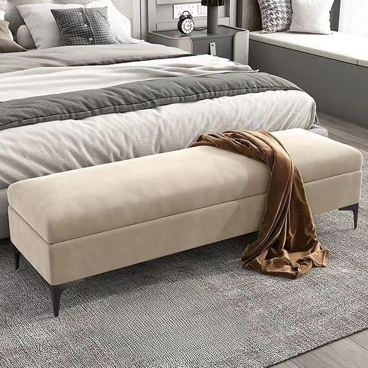 Panca HJYXXSR, 60 × 40 × 43cm, legno, velluto, Kaki, con contenitore, con poggiapiedi, imbottita