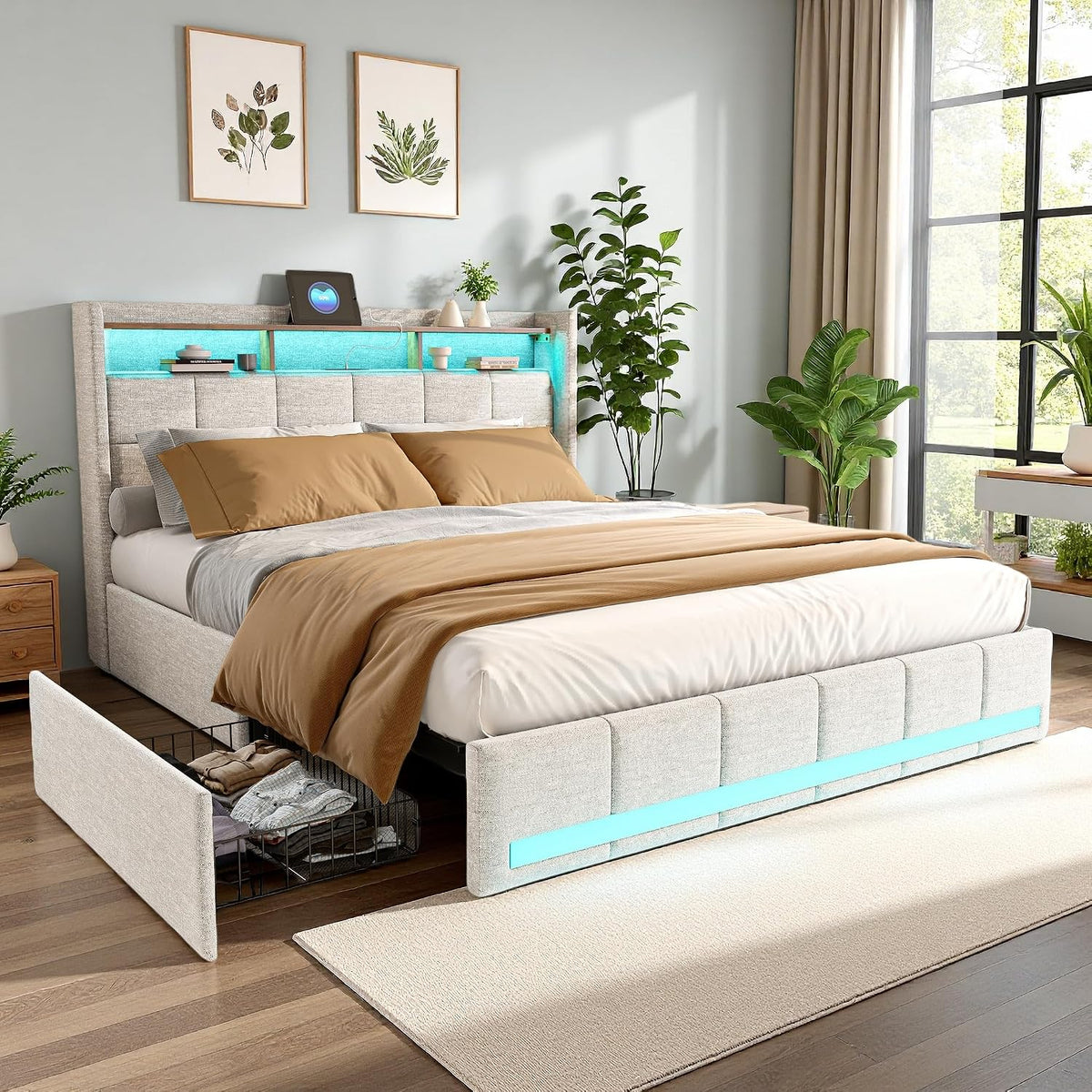 Letto contenitore PerGar, 4 cassetti, matrimoniale, 160 × 200 cm, lino, Beige, regolabile, con rete a doghe, con illuminazione LED, con porta USB