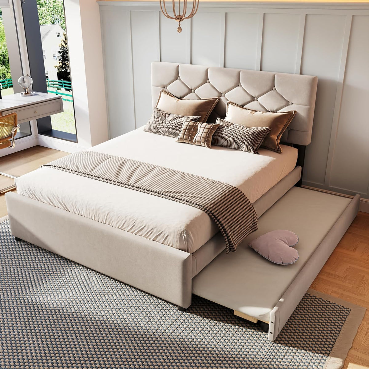 Letto Dolamaní, matrimoniale, 140 × 200 cm, misura 140 × 200, velluto, Beige, con poggiapiedi, imbottito, per camera da letto