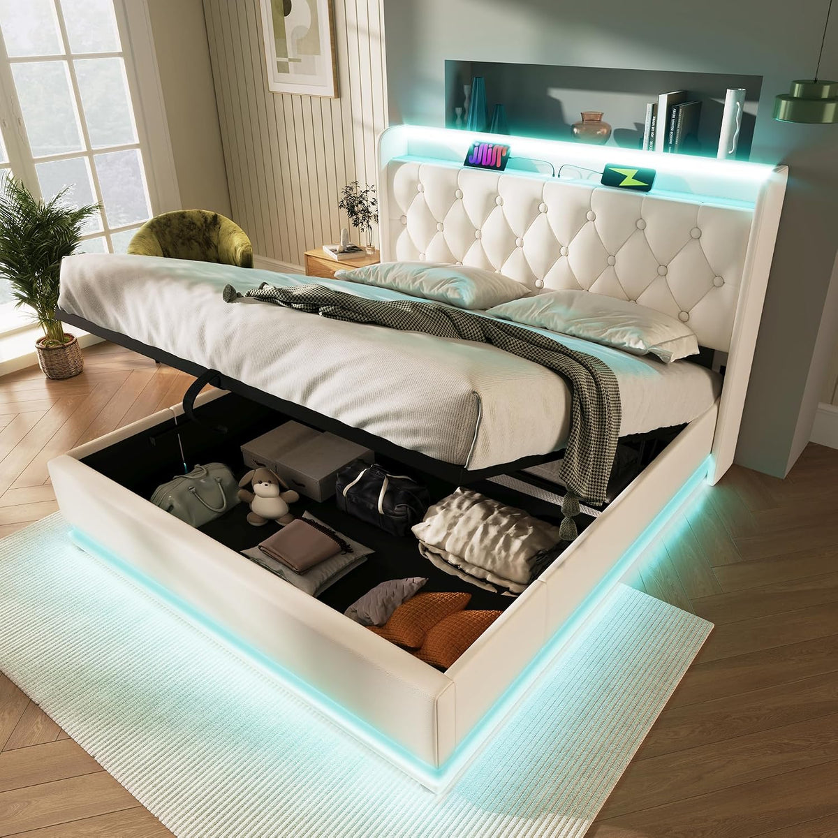 Letto contenitore Huayz, matrimoniale, 160 × 200 cm, tessuto, pelle, Bianco, con contenitore, con rete a doghe, con illuminazione LED, con porta USB