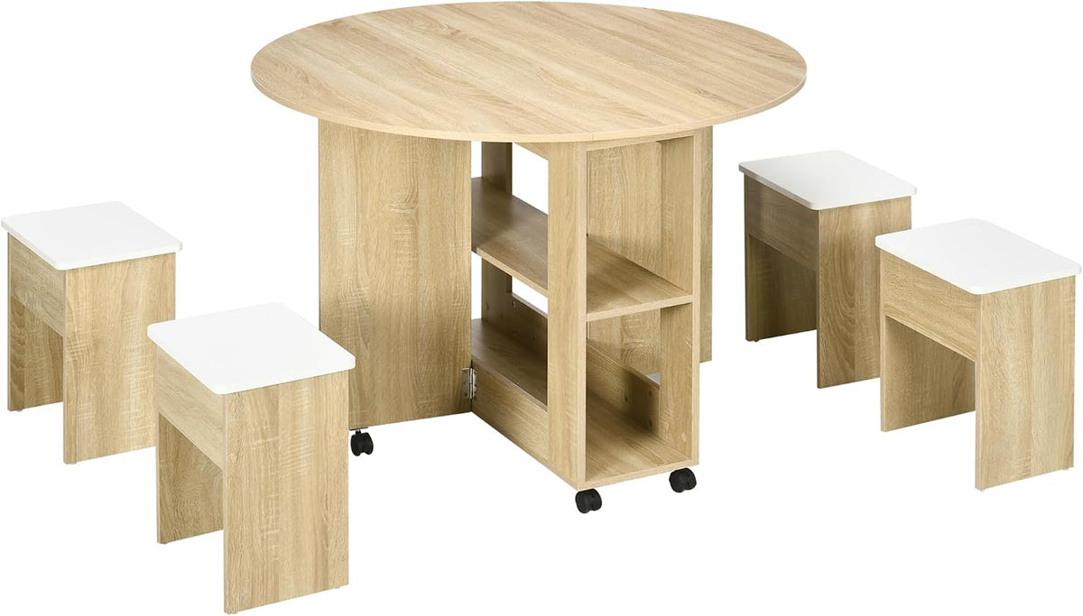 Set da pranzo HOMCOM, 5 pezzi, 4 sgabelli, Rovere, pieghevole, con ruote, per sala da pranzo e cucina