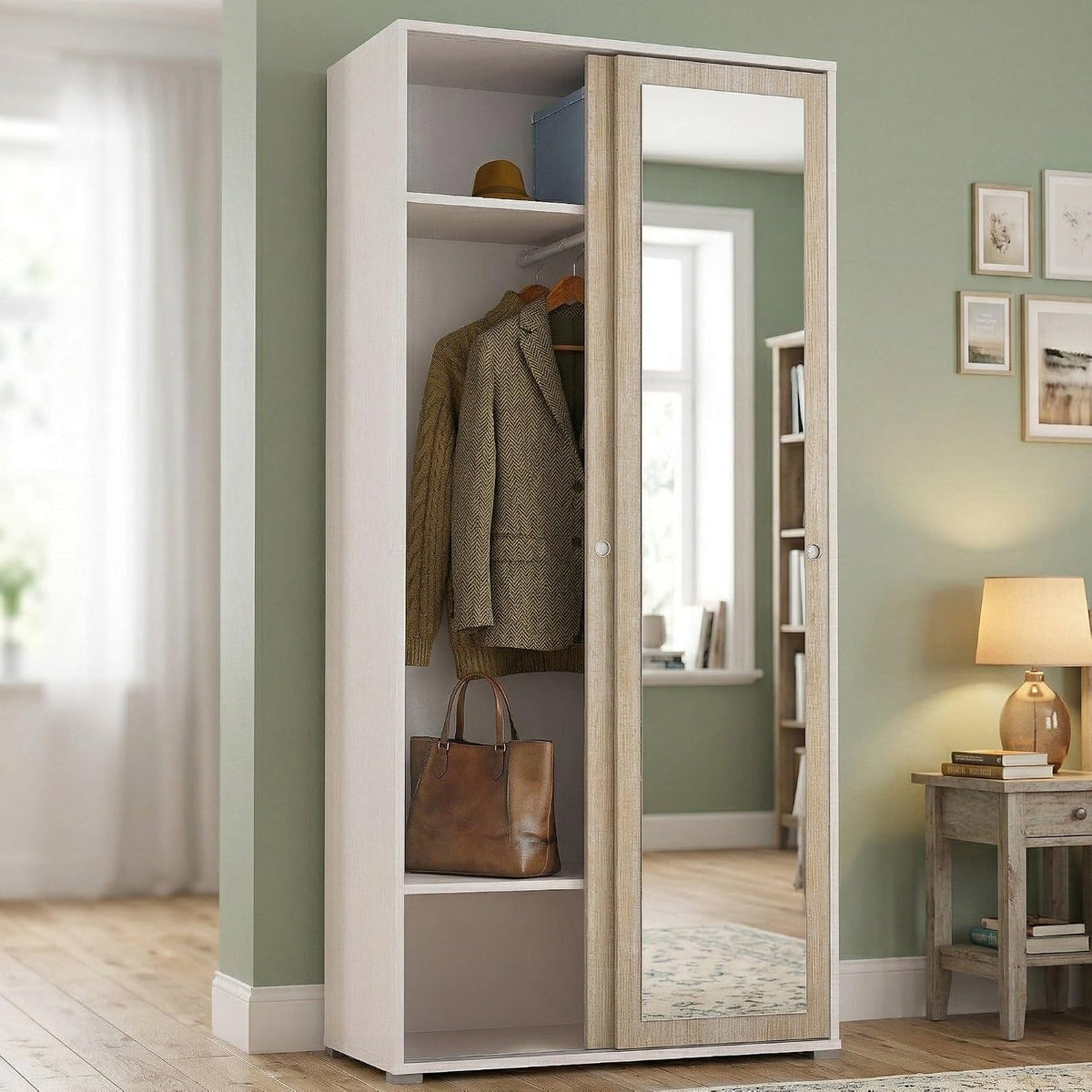 Armadio guardaroba Dmora, 2 ante, 2 ripiani, 45 × 195 cm, Rovere, regolabile, con ante scorrevoli, per camera da letto