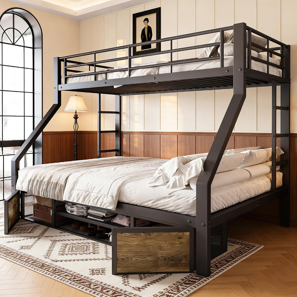 Letto a castello Cayipng EN747, matrimoniale, 140 × 200 cm, misura 90 × 200, metallo, Nero, per camera da letto