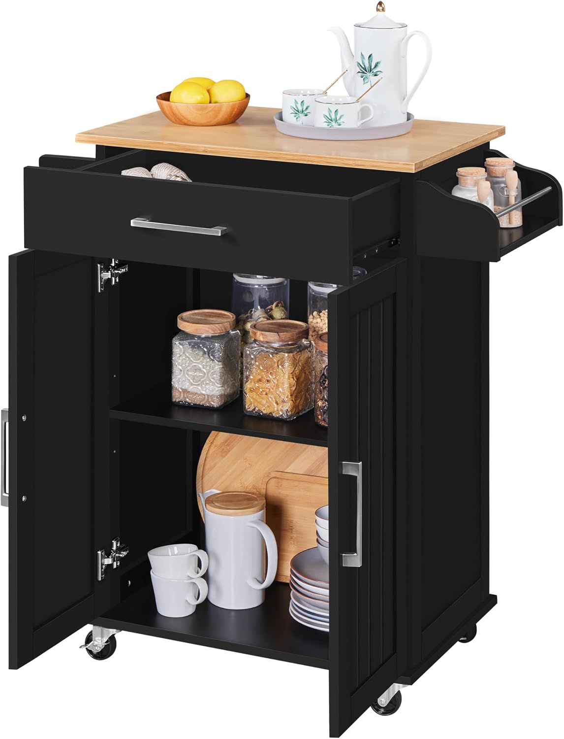 Carrello da cucina Yaheetech, 2 ante, 60 × 40 × 88,5 cm, legno, MDF, Nero, regolabile, con ruote, per sala da pranzo e cucina