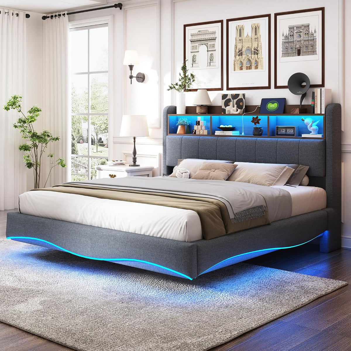 Letto contenitore KUAKE, matrimoniale, 160 × 200cm, misura 160 × 200, lino, tessuto, Grigio, con contenitore, regolabile, con illuminazione LED