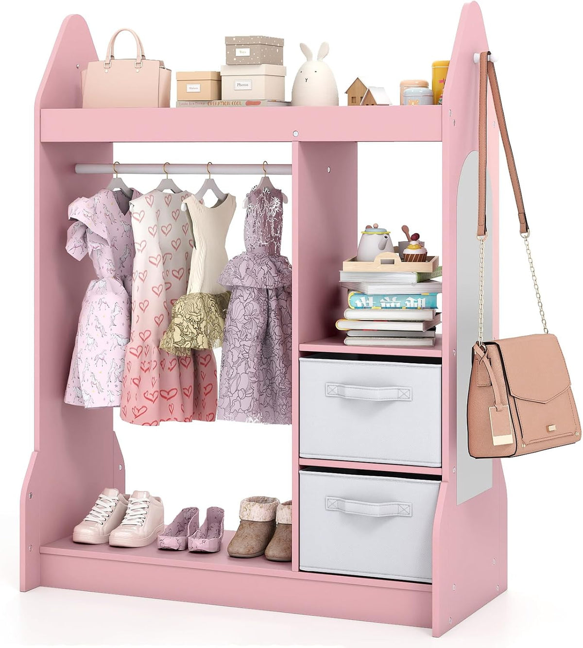 Armadio guardaroba COSTWAY, 81 × 38 × 107 cm, tessuto, Rosa, con contenitore, pieghevole, per camera da letto