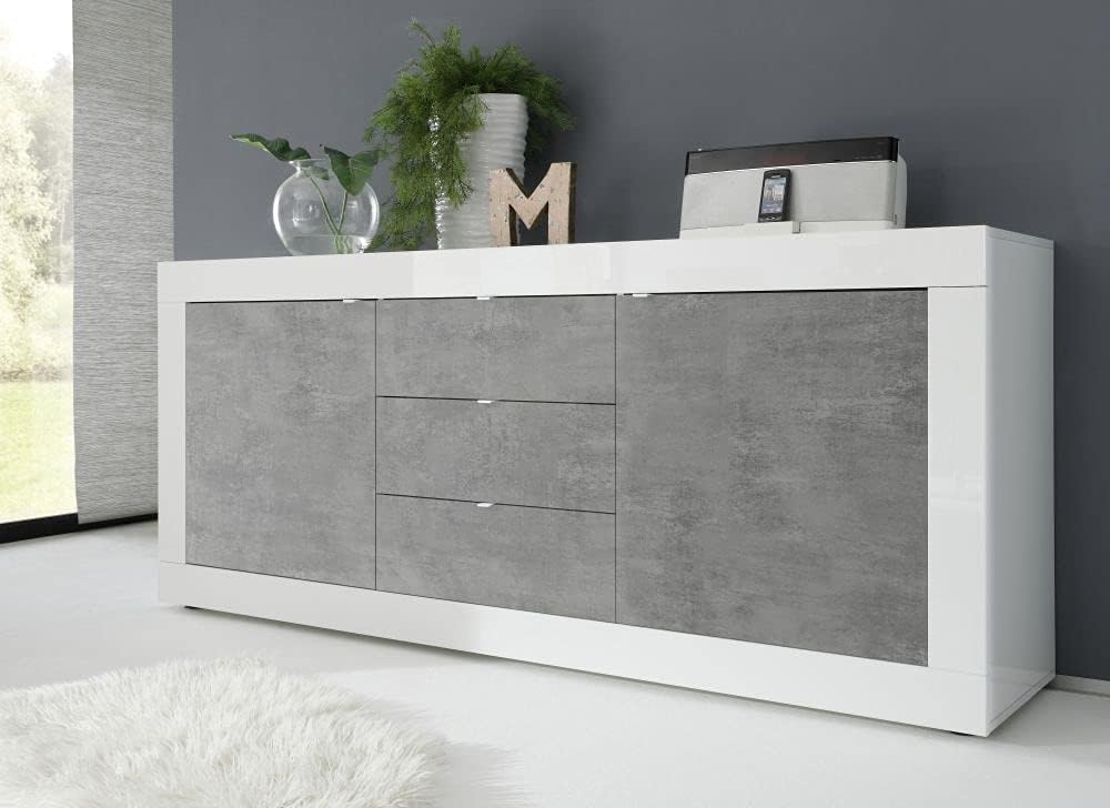 Credenza Web Convenienza, 2 ante, 3 cassetti, 210 × 86 × 43 cm, legno massello, Bianco, con contenitore, per soggiorno e sala da pranzo