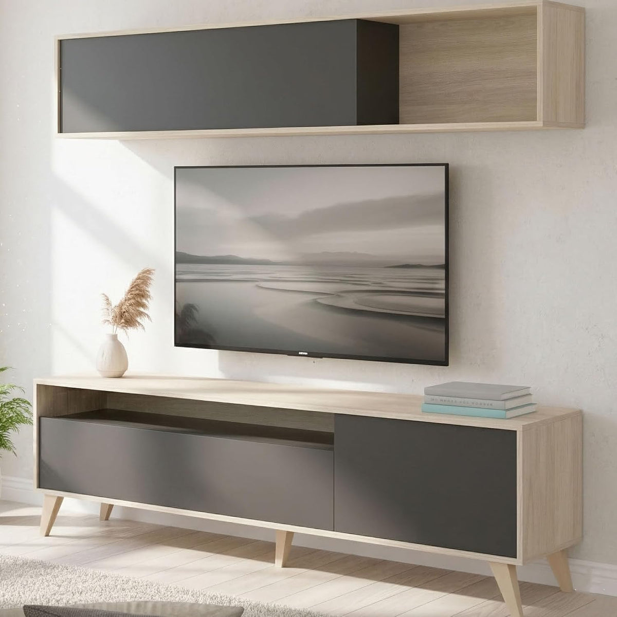 Mobile TV Dmora, Rovere, per soggiorno, 180x41h180 cm