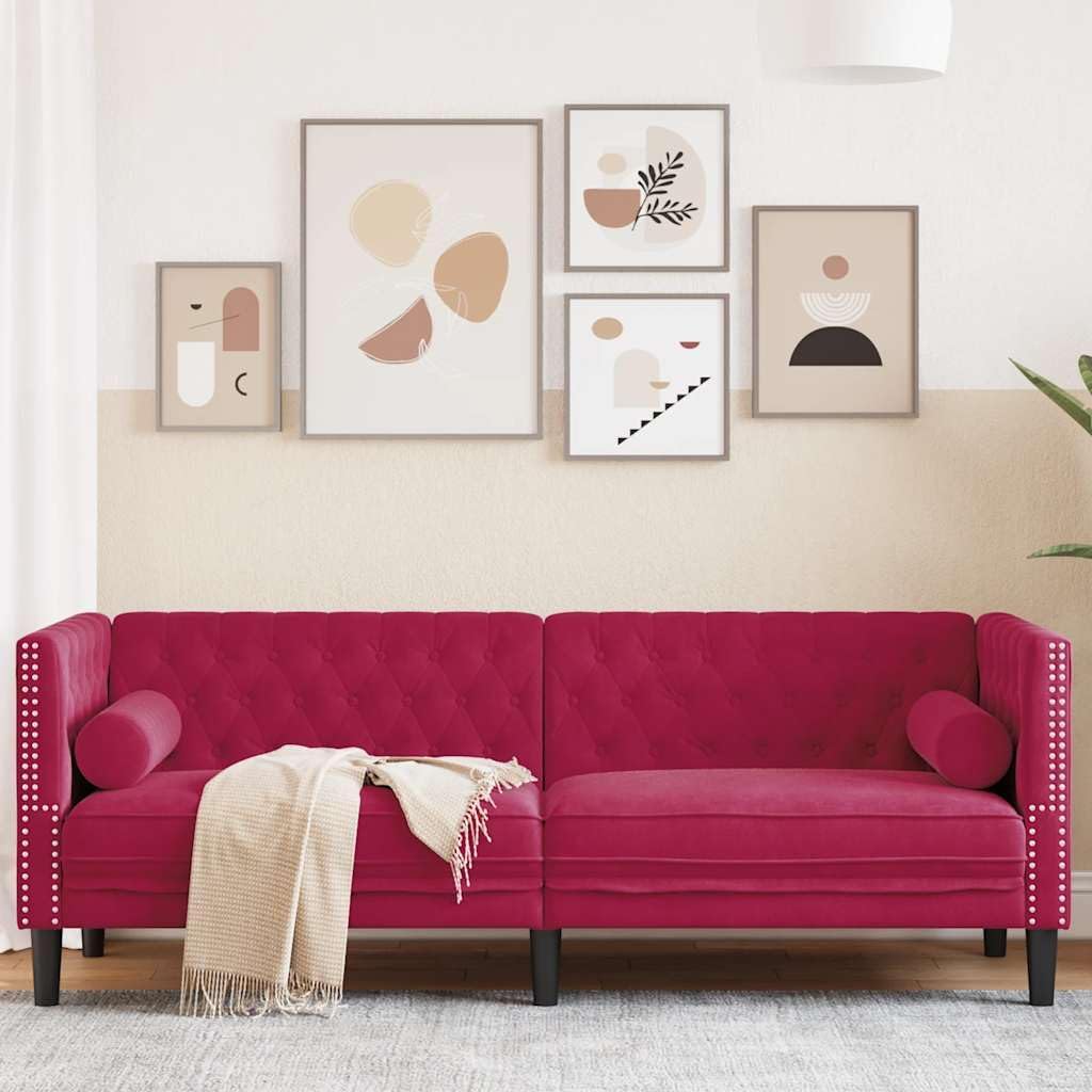 Divano RCODSSK, 3 posti, 194 × 74,5 × 70,5 cm, velluto, Rosso, reclinabile, con braccioli, imbottito, per soggiorno