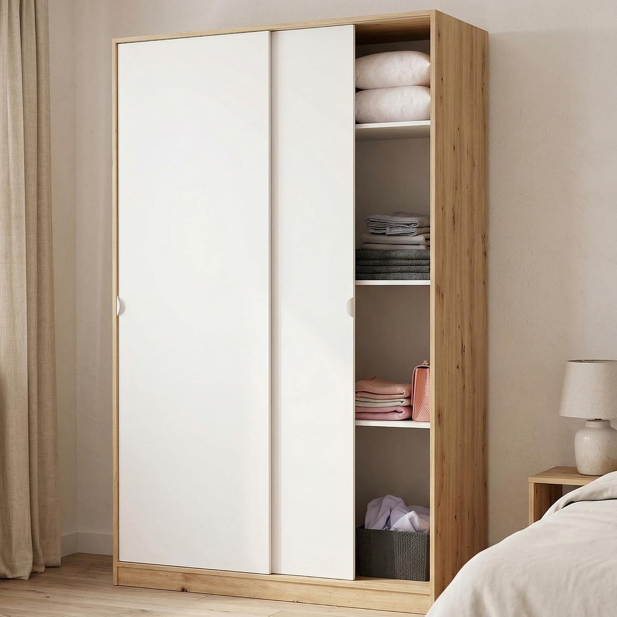 Armadio guardaroba Dmora, 2 ante, 3 ripiani, 120 × 50 × 200 cm, Rovere, regolabile, con ante scorrevoli, per camera da letto