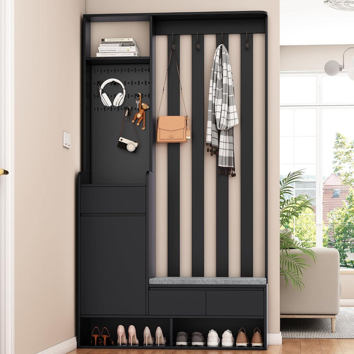 Appendiabiti Merax, 100 × 35 × 180 cm, MDF, Nero, con panchina, 4 ganci, per ingresso