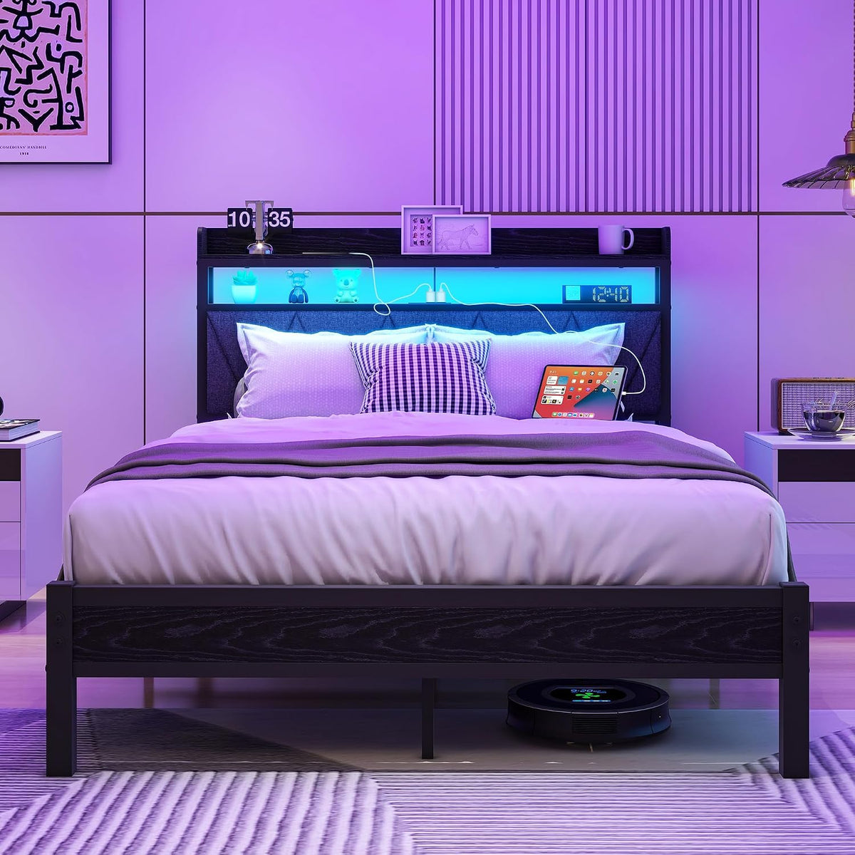 Struttura letto VERFARM, matrimoniale, metallo, con illuminazione LED, con porta USB, imbottita, per camera da letto