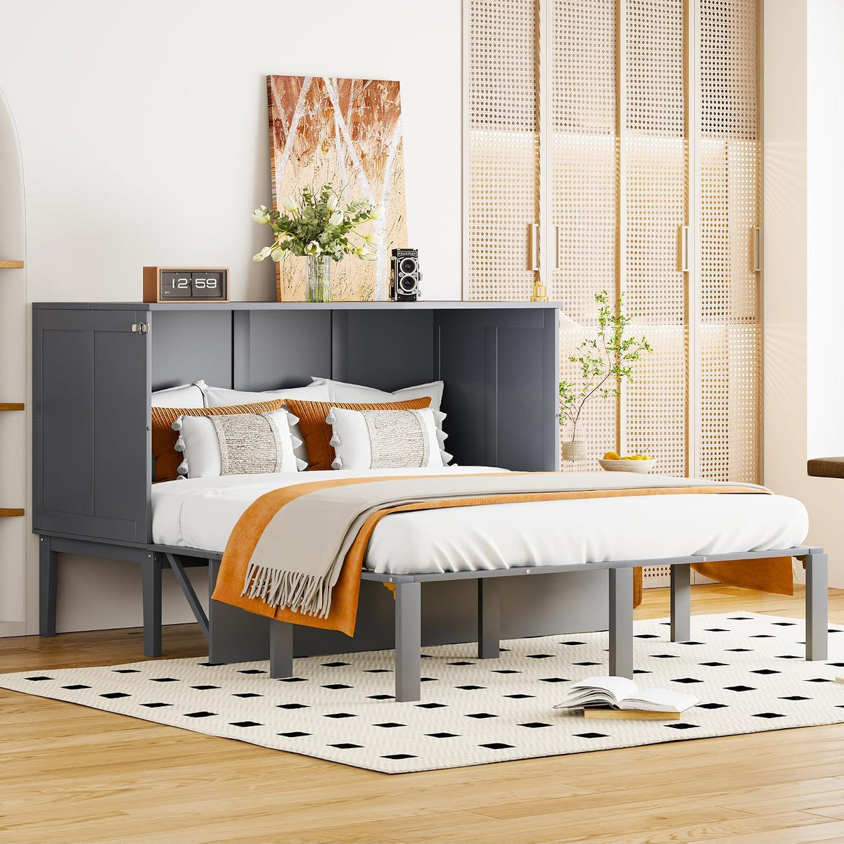 Letto boorbin, 140 × 200 cm, legno, MDF, Grigio, pieghevole, con rete a doghe, per camera da letto