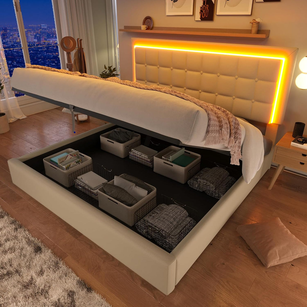 Letto Moimhear, matrimoniale, 140 × 200 cm, similpelle, Bianco, con contenitore, con rete a doghe, imbottito, per camera da letto