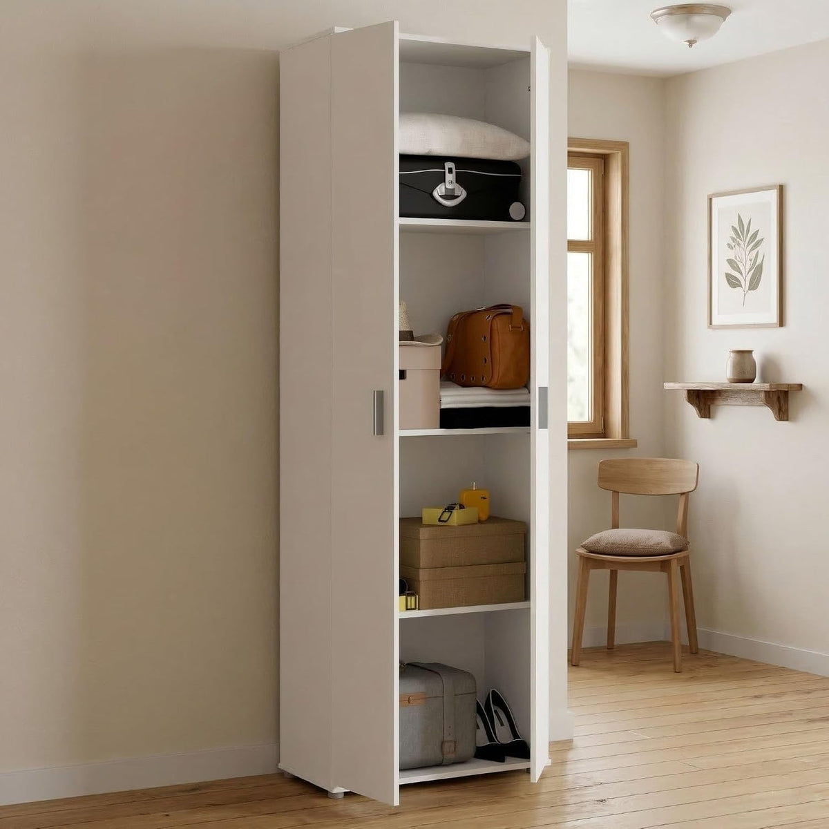 Armadio guardaroba Dmora, 2 ante, Bianco, con contenitore, regolabile, per camera da letto