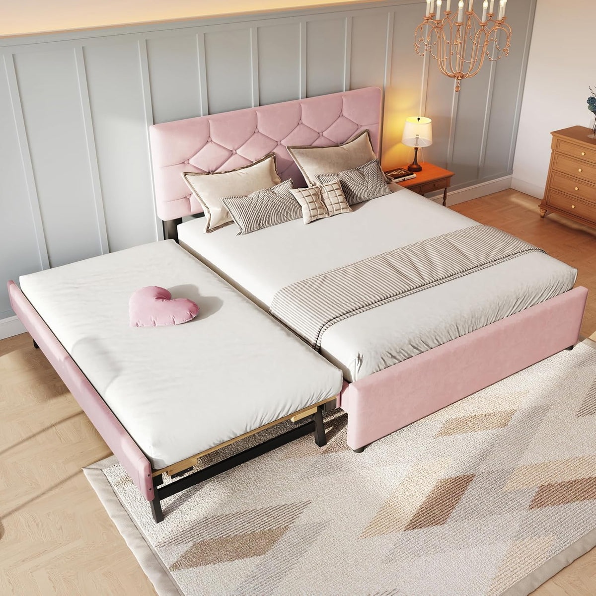 Letto contenitore Kebnor, 140 × 200 cm, 90 × 190cm, velluto, Rosa, con rete a doghe, imbottito, per camera da letto