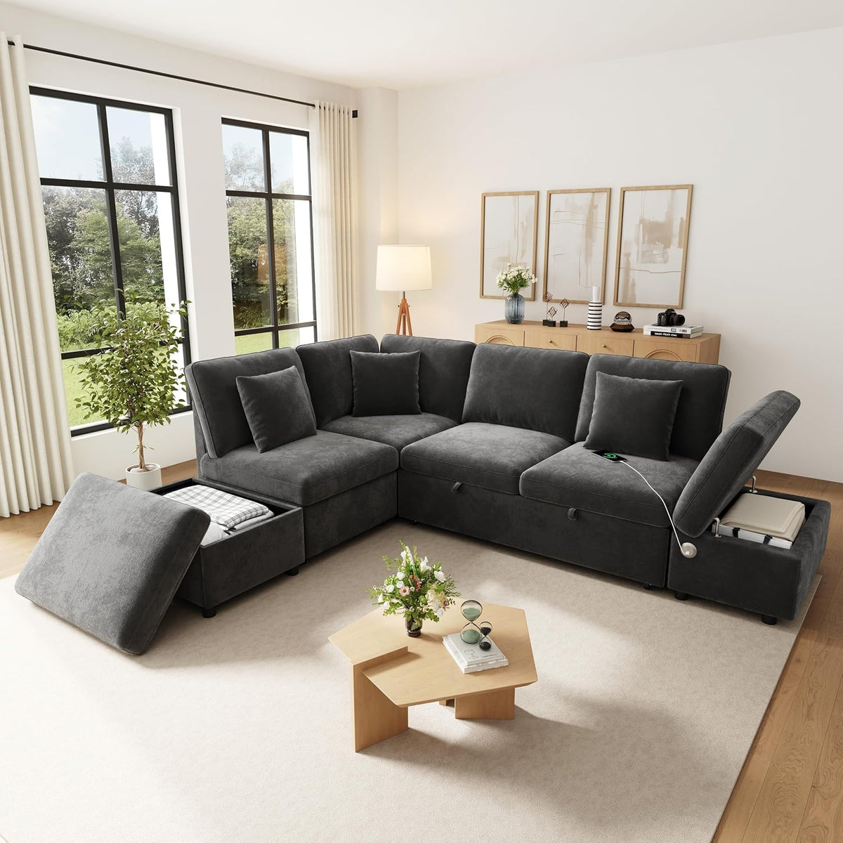 Divano letto Trdlpyn, 6 posti, 247,5 × 172 × 87 cm, ciniglia, tessuto, con funzione letto, con contenitore, regolabile, con braccioli, con porta USB