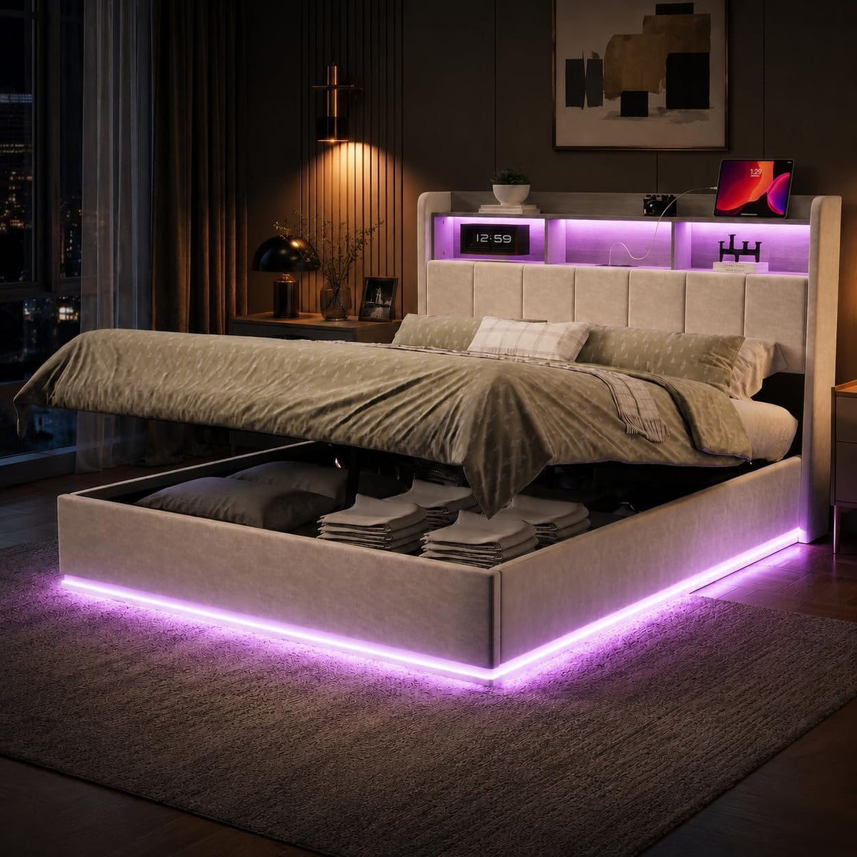 Letto contenitore Zorvani, matrimoniale, una piazza e mezza, 140 × 200 cm, velluto, con contenitore, con illuminazione LED, con porta USB, imbottito
