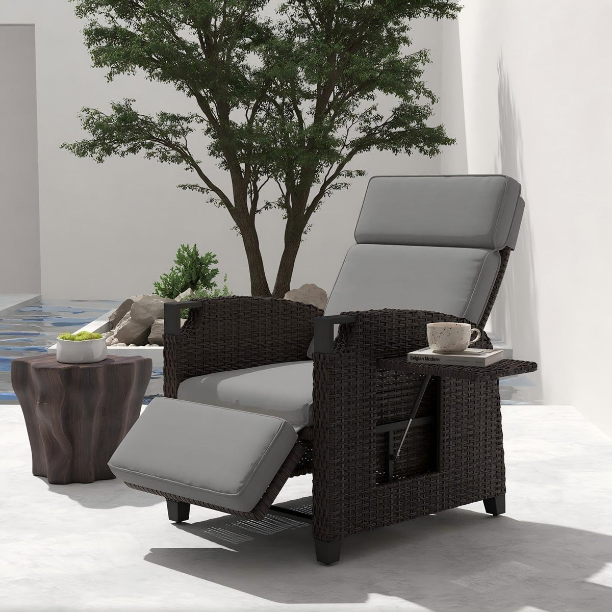 Sedia UDPATIO, 73 × 84 × 106 cm, 30 × 33 cm, rattan, Marrone, reclinabile, regolabile, allungabile, pieghevole, con poggiapiedi