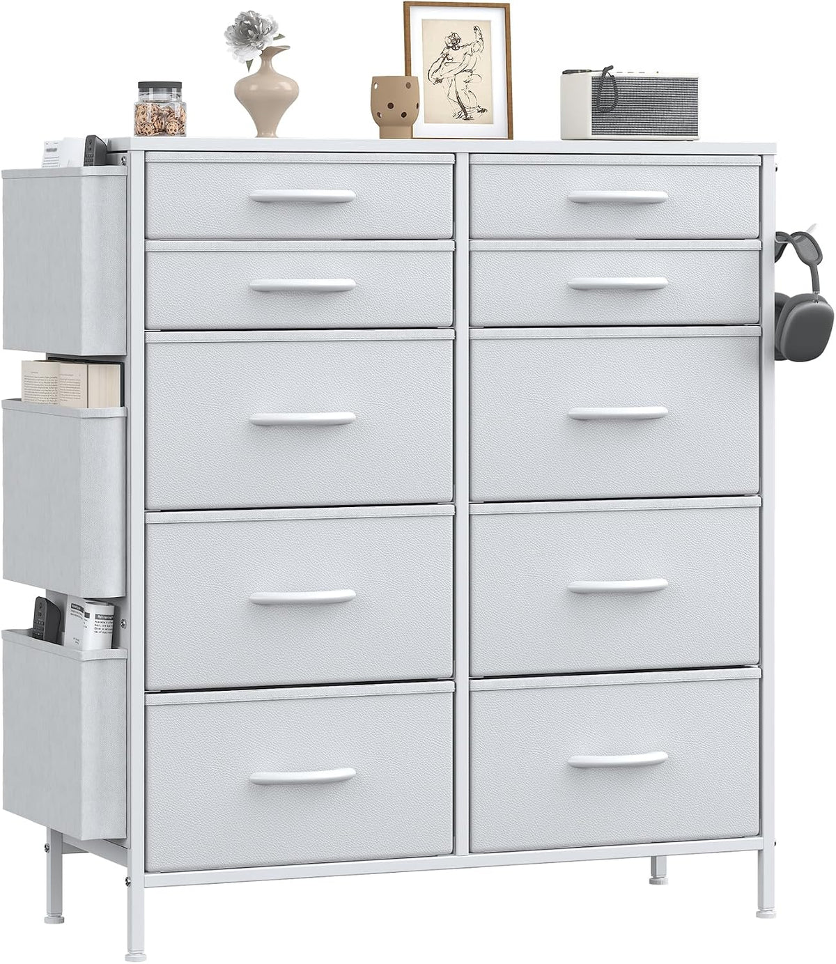 Cassettiera Feonase, 10 cassetti, MDF, metallo, Bianco, per soggiorno e camera da letto