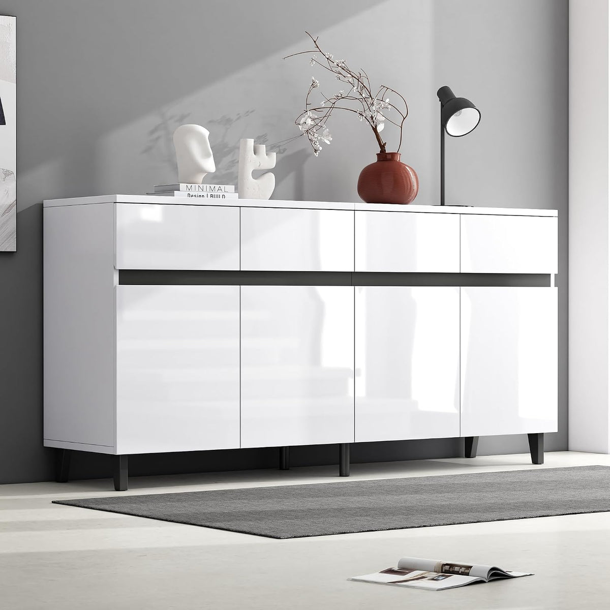 Credenza Azkoeesy, 4 cassetti, 160 × 40 × 68 cm, Bianco, regolabile, per soggiorno e sala da pranzo