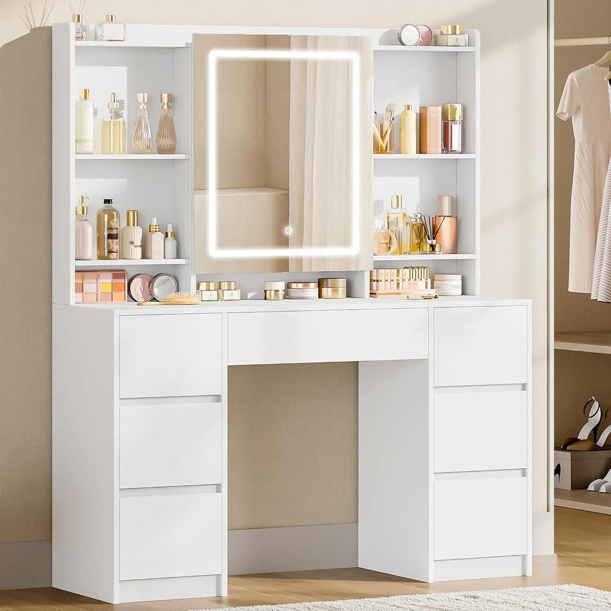 Toeletta Hzuaneri DT43203XEU, 7 cassetti, 4 ripiani, MDF, vetro, Bianco, regolabile, con illuminazione LED