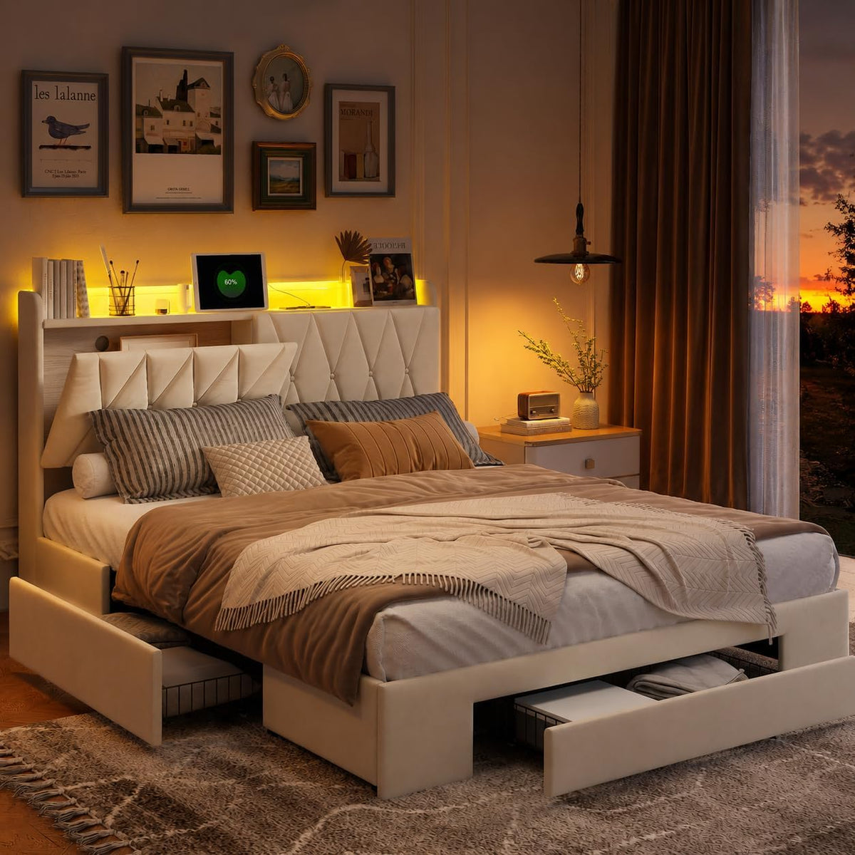 Letto CDQL, 3 cassetti, matrimoniale, 160 × 200 cm, velluto, Beige, con poggiatesta, con rete a doghe, con porta USB, imbottito, per camera da letto