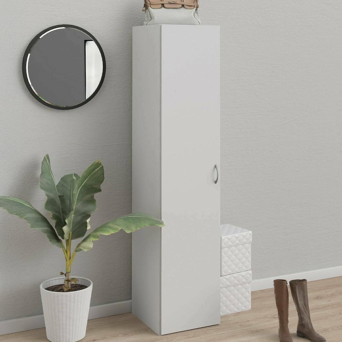 Armadio guardaroba Dmora, 39 × 41 × 175 cm, Bianco, con contenitore, per camera da letto