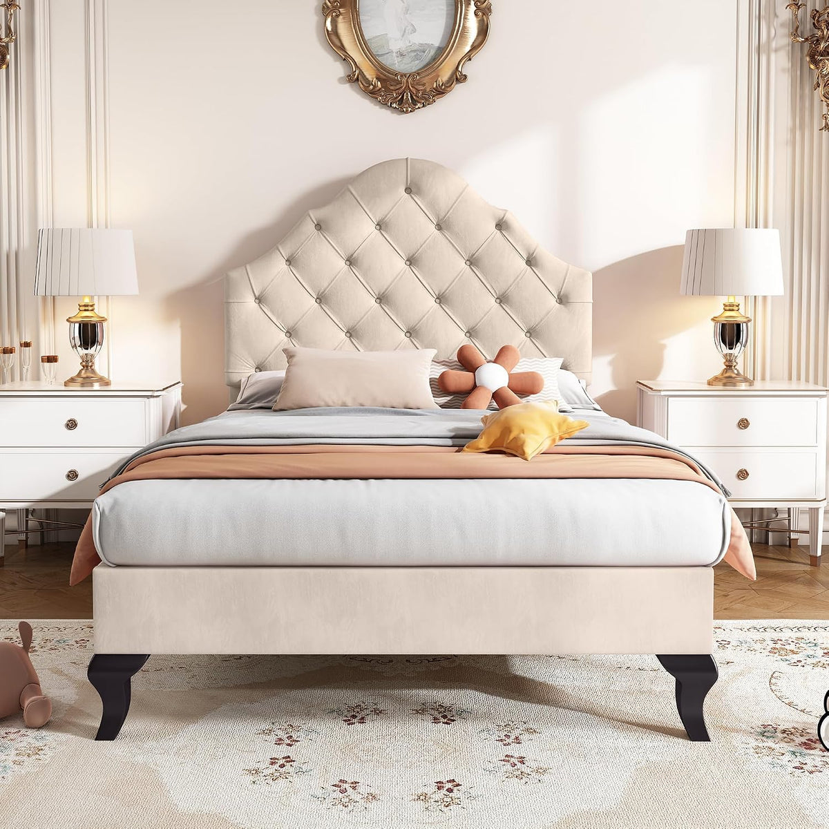 Letto MAMAINI, singolo, 90 × 200 cm, legno, velluto, Beige, regolabile, con rete a doghe, imbottito, per camera da letto