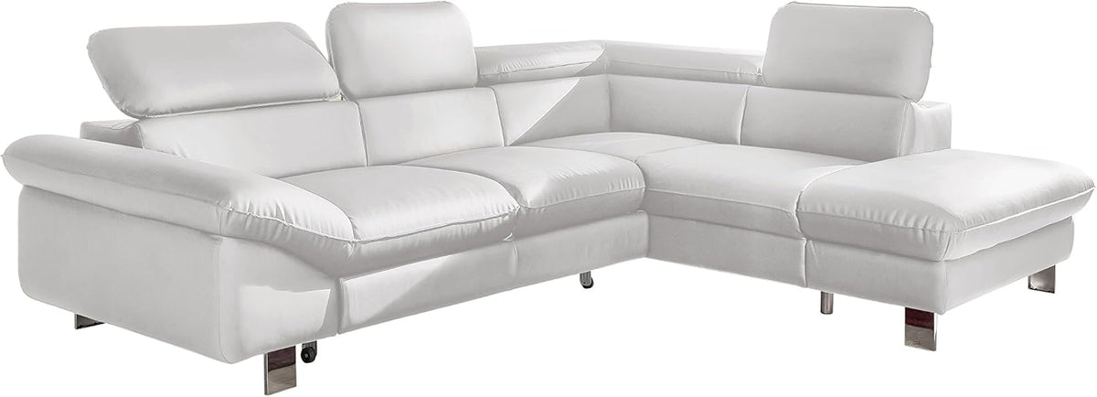 Divano angolare Mivano, 266 × 73 × 214 cm, similpelle, Bianco, regolabile, con poggiatesta, imbottito, per soggiorno