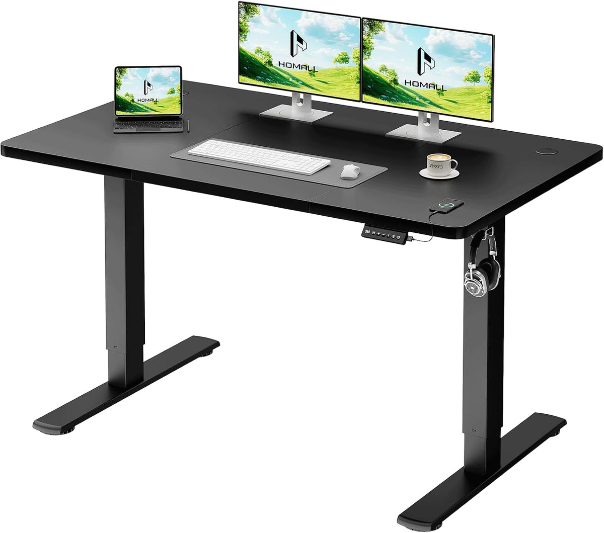 Scrivania Homall, 120 × 60cm, altezza regolabile 73-118 cm, acciaio, Nero, elettrica, con porta USB, per ufficio
