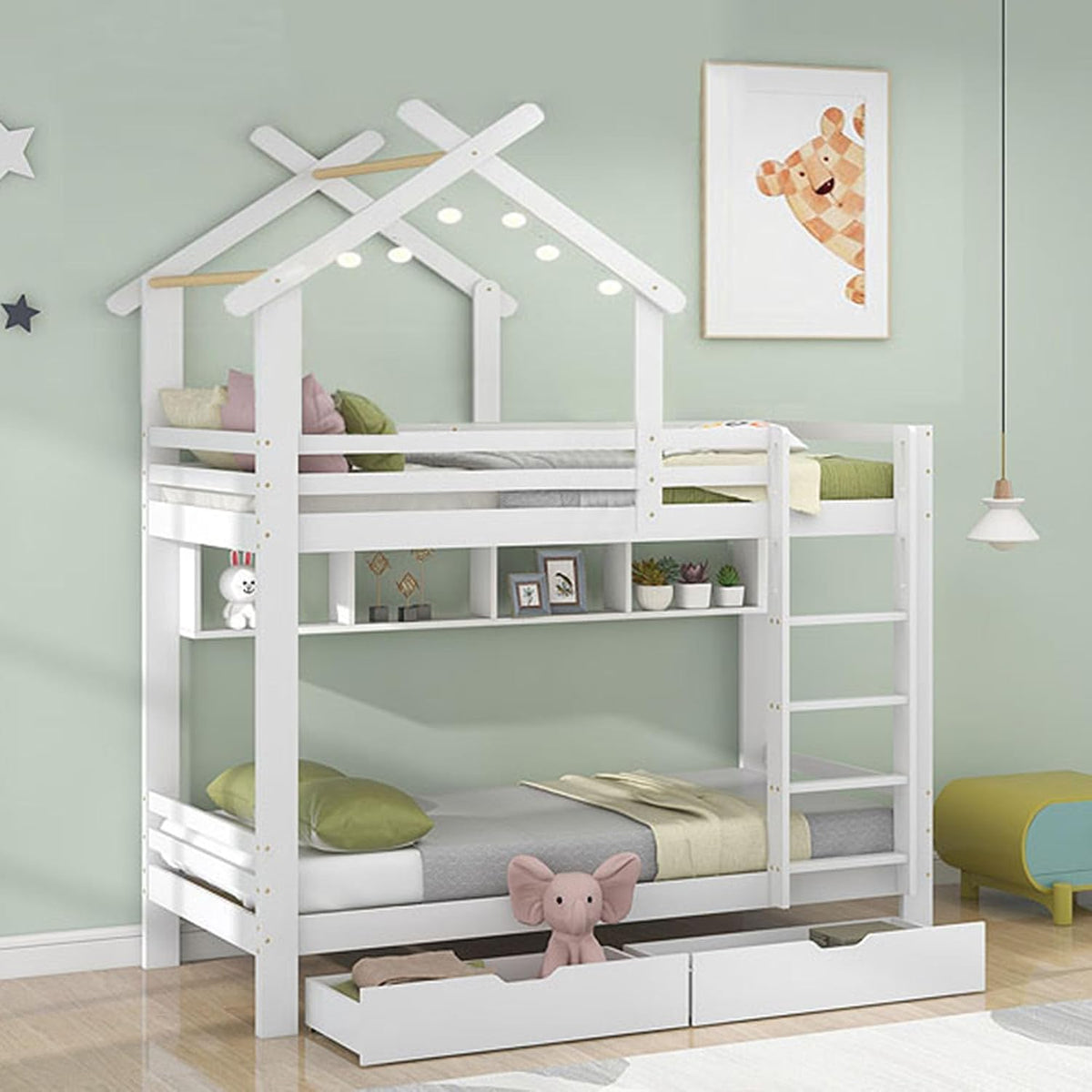 Letto a castello Rtopsu, 2 cassetti, 90 × 200 cm, legno, MDF, Bianco, con rete a doghe, per camera da letto