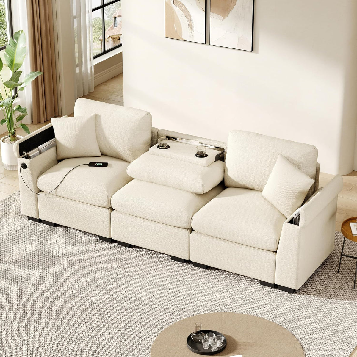Divano HaoChrymec, 3 posti, 242 × 80 × 88cm, ciniglia, Beige, con contenitore, con braccioli, per ufficio
