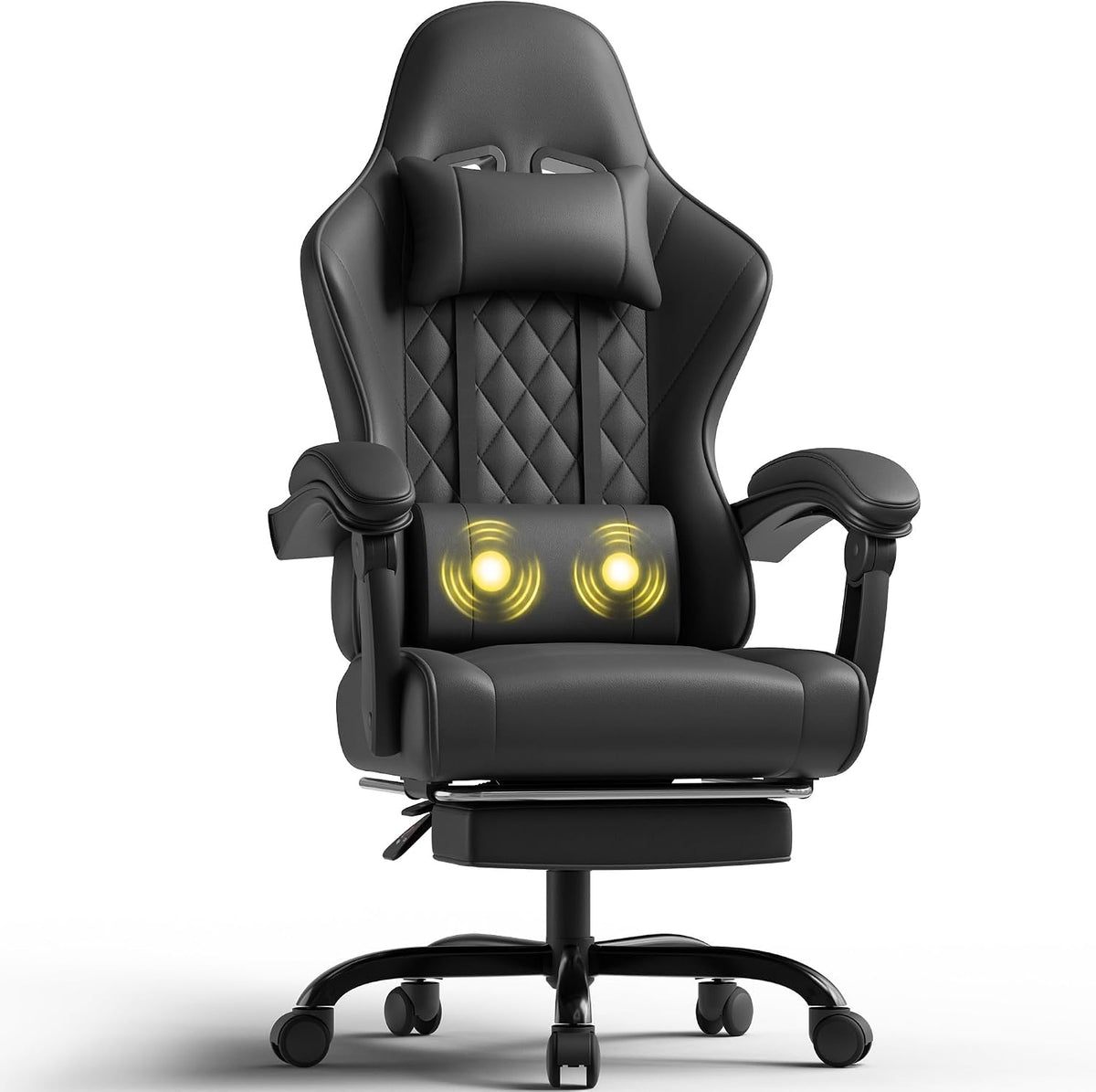 Sedia gaming JUMMICO, Nero, reclinabile, con poggiapiedi, con poggiatesta, imbottita, per ufficio
