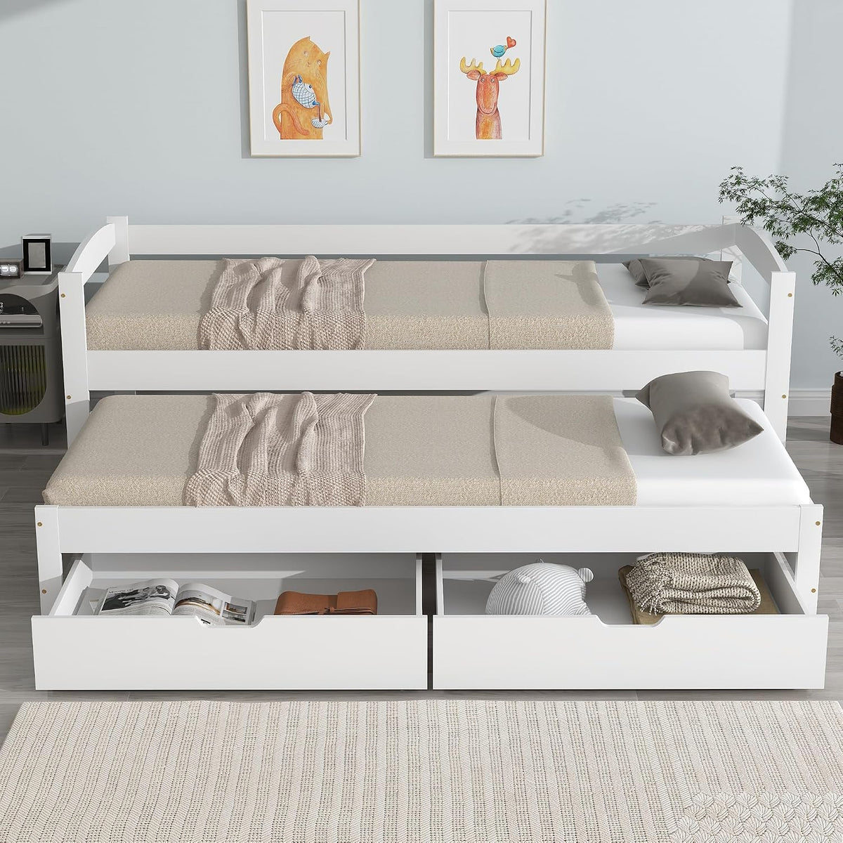 Letto Moimhear, 2 cassetti, singolo, matrimoniale, 90 × 200cm, 90 × 190cm, legno massello, MDF, Bianco, pieghevole, con ruote, per camera da letto