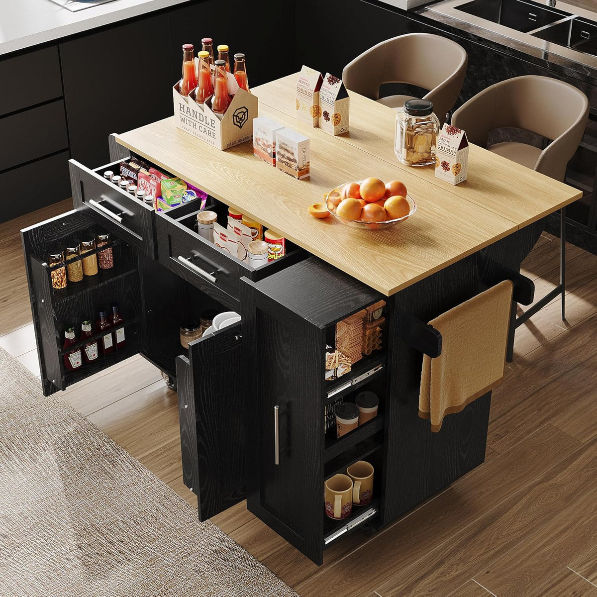 Isola da cucina Huayz, 2 cassetti, 110 × 46 × 90,5 cm, MDF, metallo, regolabile, pieghevole, per sala da pranzo e cucina