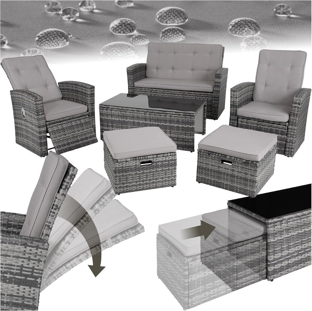 Set da pranzo da giardino tectake, alluminio, rattan, Grigio, regolabile, idrorepellente, per giardino e terrazzo