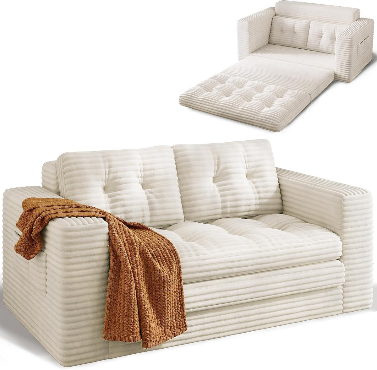 Divano letto Xbro, 2 posti, 150 × 86 × 75 cm, misura 150 × 86, velluto, Beige, trasformabile, con funzione letto, pieghevole, per soggiorno