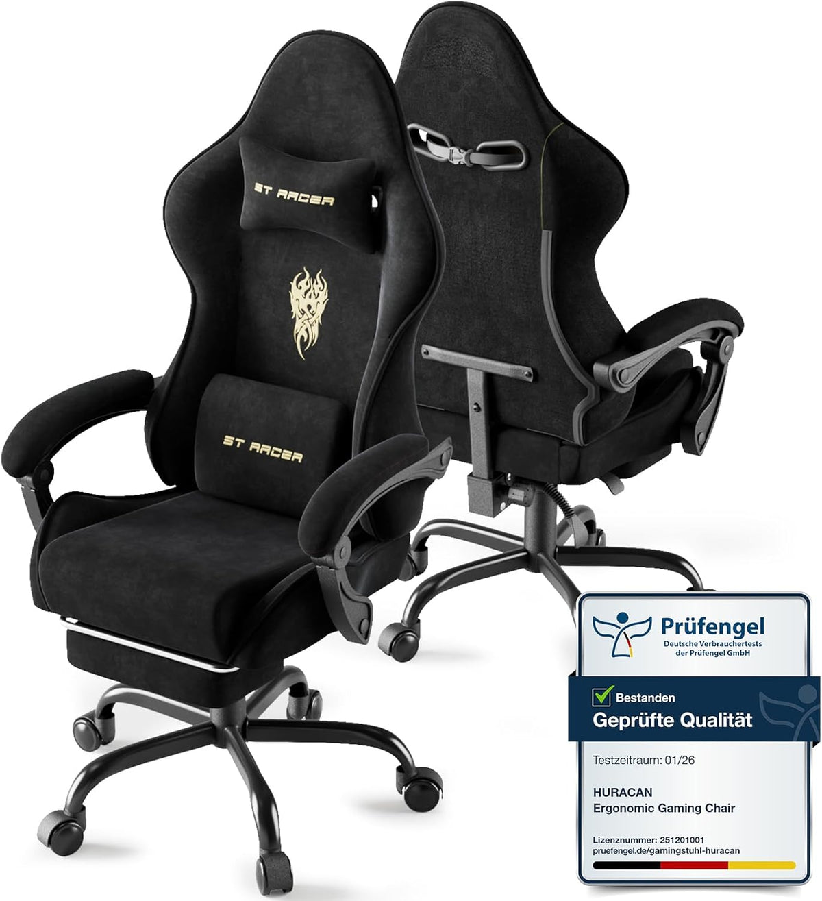 Sedia gaming Huracan, acciaio, metallo, Nero, regolabile, con poggiapiedi, con poggiatesta, con braccioli, per ufficio