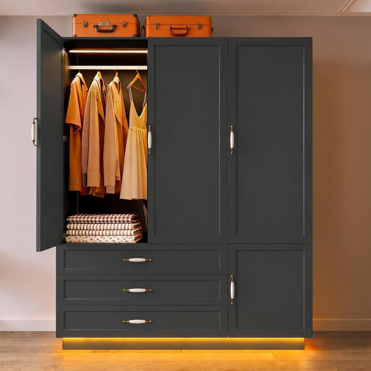 Armadio guardaroba AXCIGOC, 3 ante, 3 cassetti, legno, Nero, per camera da letto