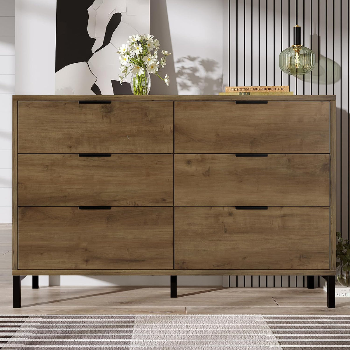 Cassettiera Soweiz, 6 cassetti, 120 × 40 × 76 cm, metallo, Rovere, regolabile, per camera da letto