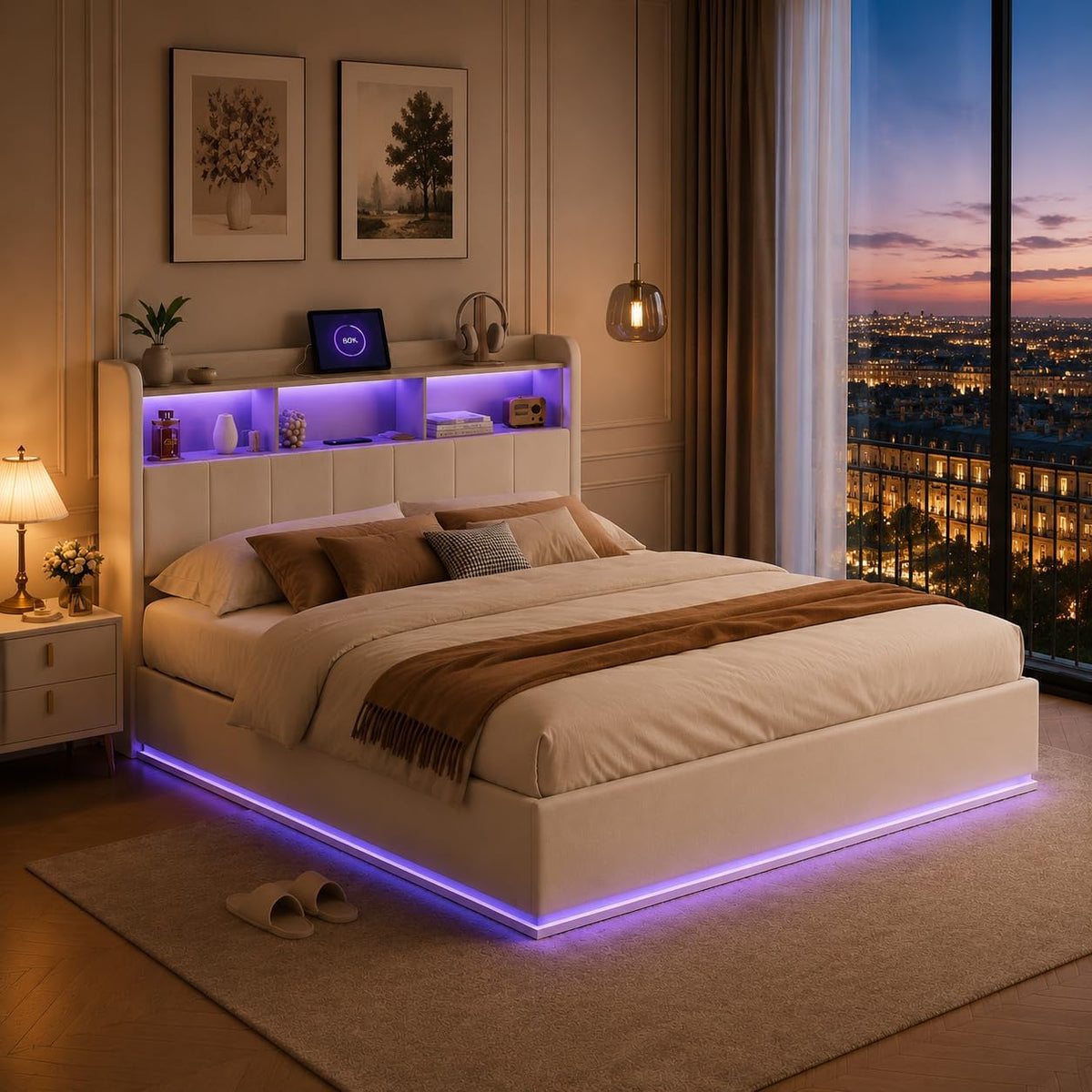 Letto contenitore LIVLUX, matrimoniale, 160 × 200 cm, velluto, con contenitore, regolabile, con rete a doghe, con illuminazione LED, con porta USB