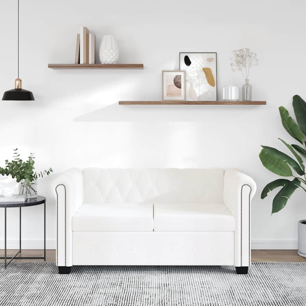 Divano KKHOMEI, 2 posti, 145,5 × 76 × 70 cm, legno, pelle, Bianco, con braccioli, per soggiorno