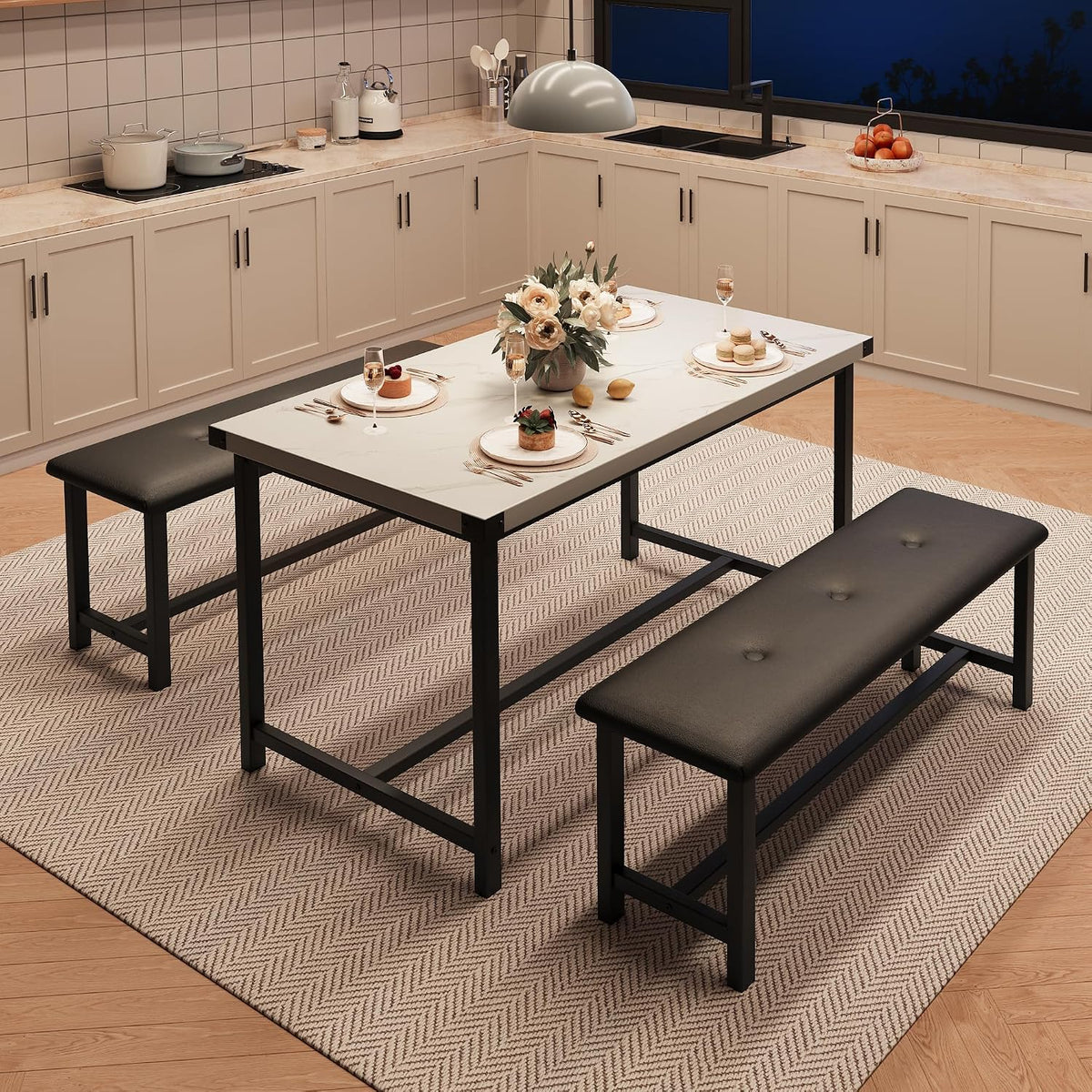 Set tavolo e panche Crevyteg, 3 pezzi, 110,4 × 70 × 76,1 cm, 98 × 27,1 × 47,2 cm, MDF, acciaio, per sala da pranzo e cucina
