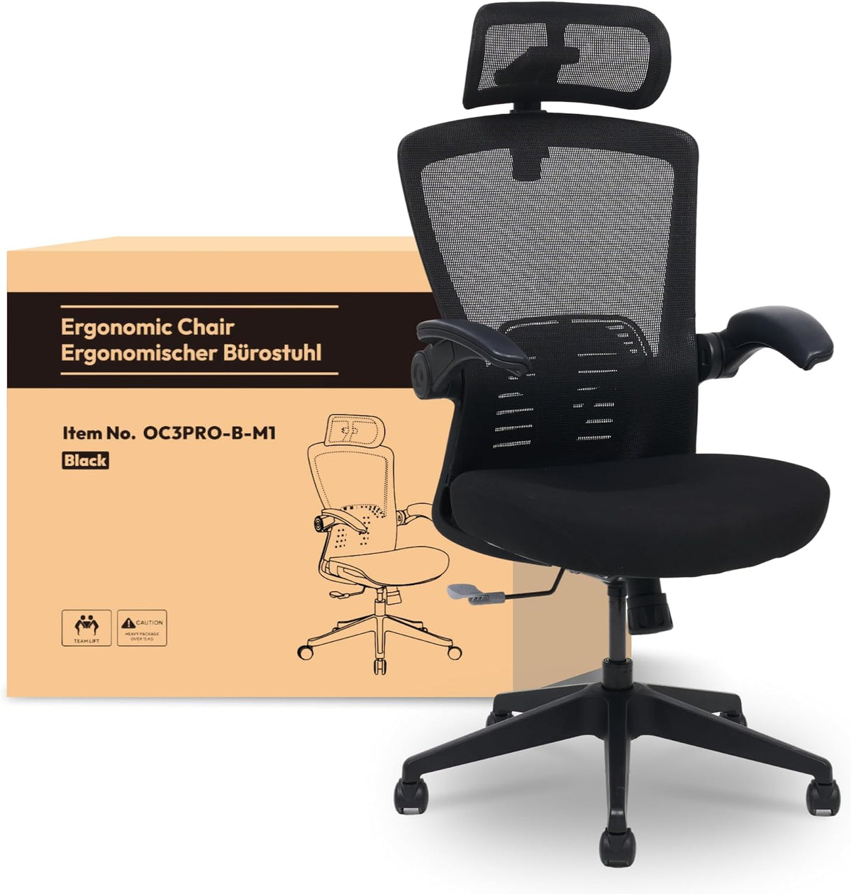 Sedia da ufficio FLEXISPOT OC3 PRO, Nero, girevole a 360°, con cuscino, reclinabile, regolabile, pieghevole, per ufficio